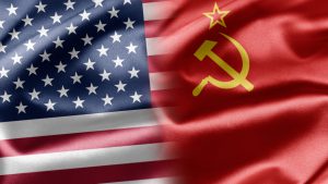 Flags of the United States and Soviet Union.